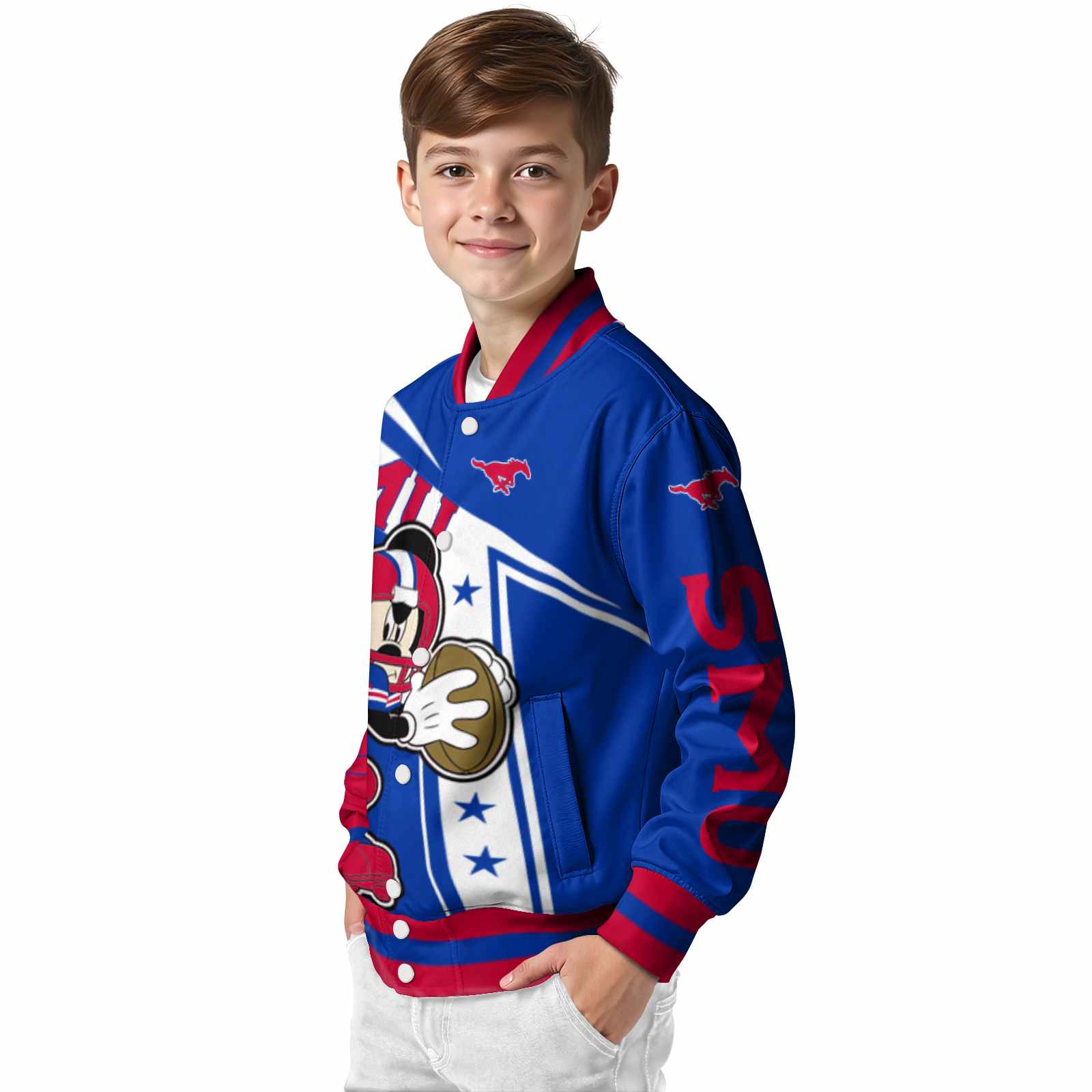 customized smu mustangs mickey football blue white jacket trendy customized smu mustangs mickey football blue white jacket trendy