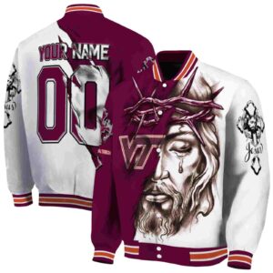 customized virginia tech hokies jesus tears maroon white jacket fashion forward