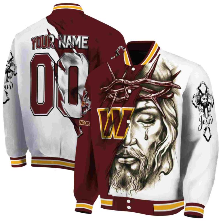 customized washington commanders jesus tears burgundy white jacket fashion forward