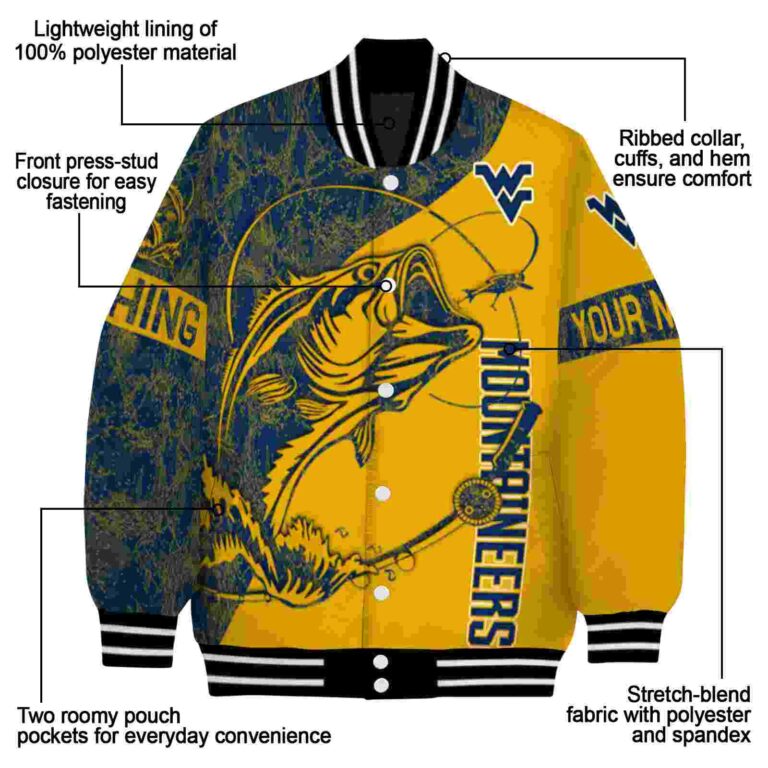 customized west virginia mountaineers fishing rod gold jacket new arrival