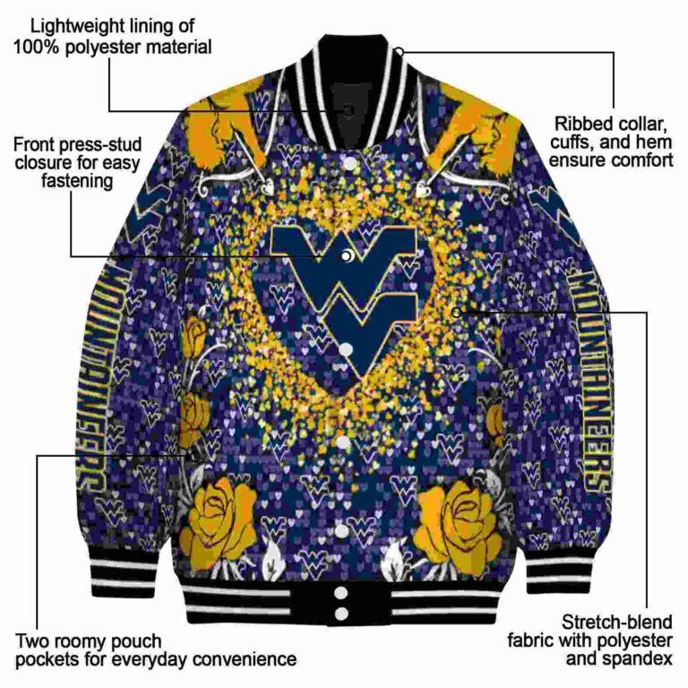 customized west virginia mountaineers heart explosion blue jacket new arrival