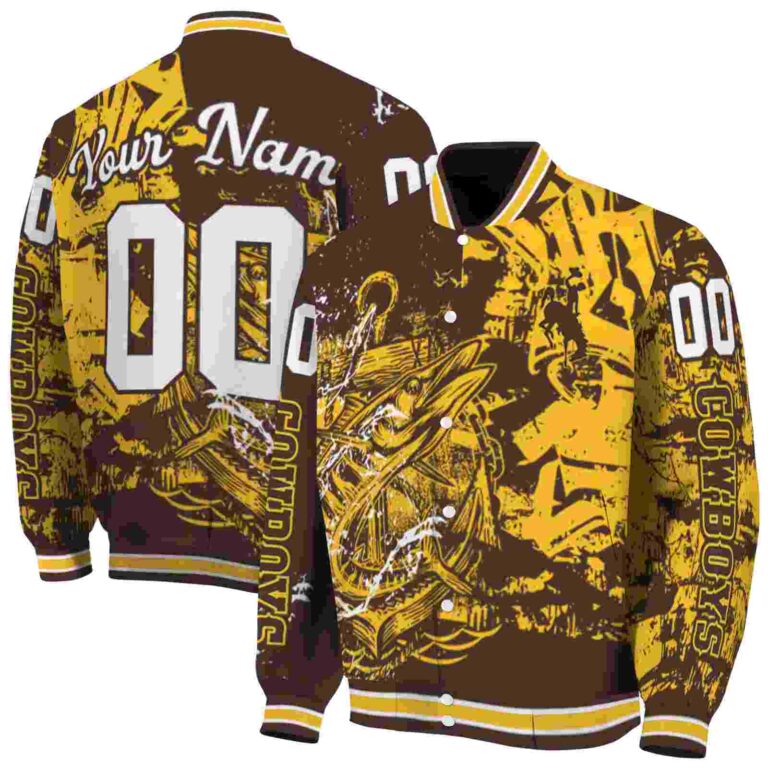 customized wyoming cowboys fishing art brown jacket fashion forward