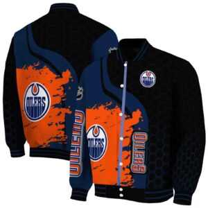 edmonton oilers hexagonal pattern blue black jacket fashion forward