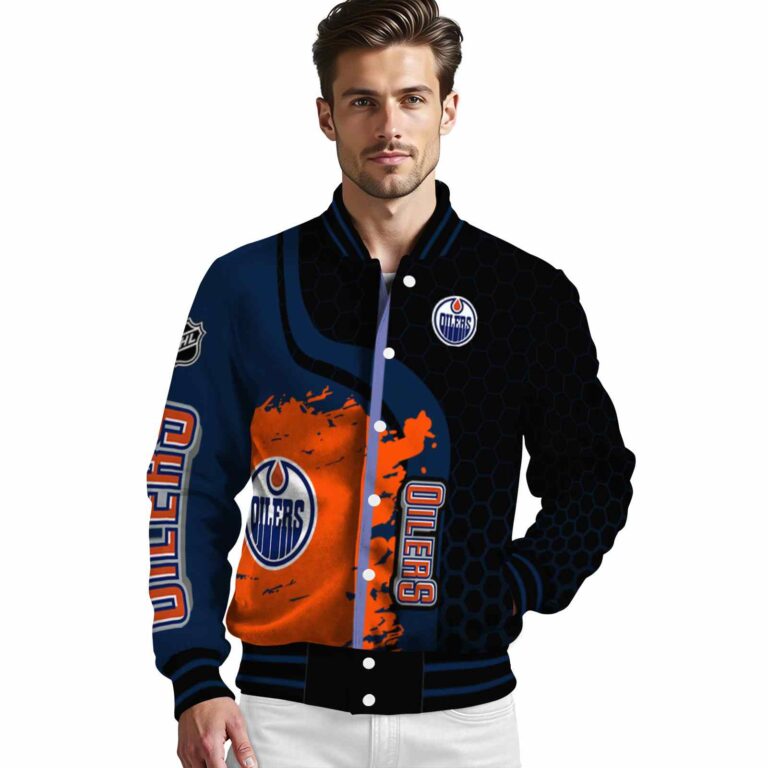 edmonton oilers hexagonal pattern blue black jacket high quality