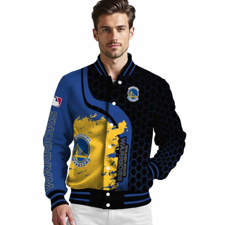 golden state warriors hexagonal pattern blue black jacket high quality