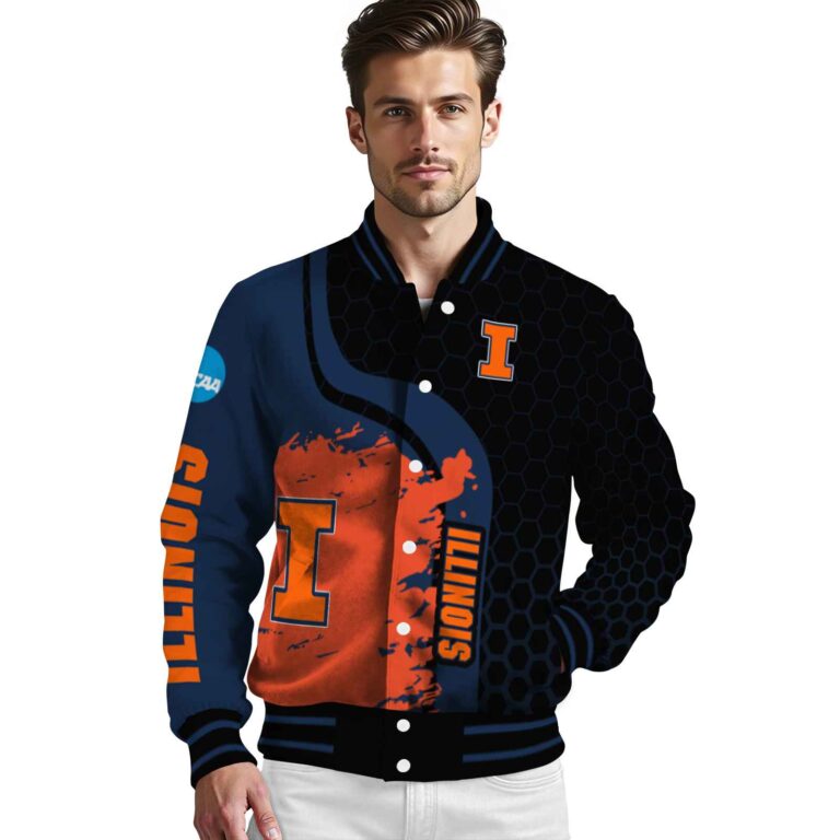 illinois fighting illini hexagonal pattern blue black jacket high quality
