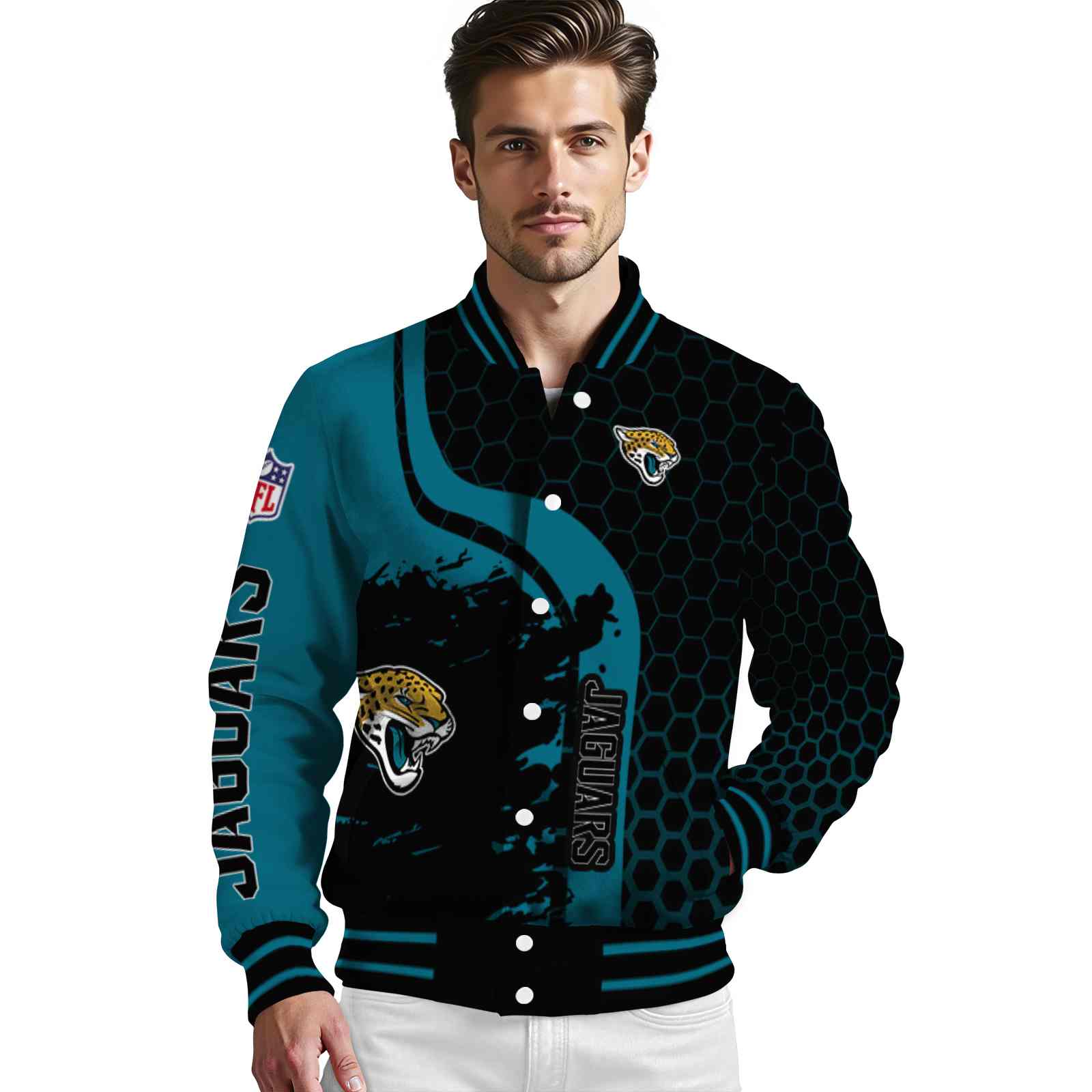 jacksonville jaguars hexagonal pattern teal black jacket high quality jacksonville jaguars hexagonal pattern teal black jacket high quality