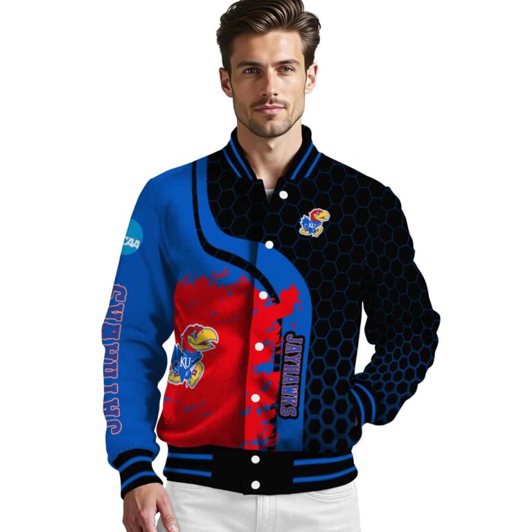 kansas jayhawks hexagonal pattern blue black jacket high quality