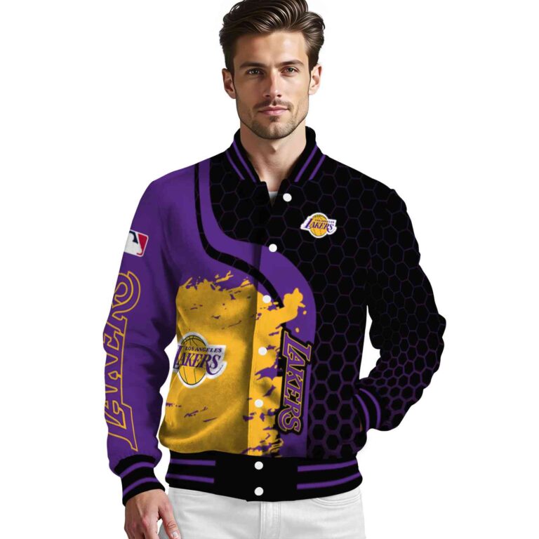 los angeles lakers hexagonal pattern purple black jacket high quality