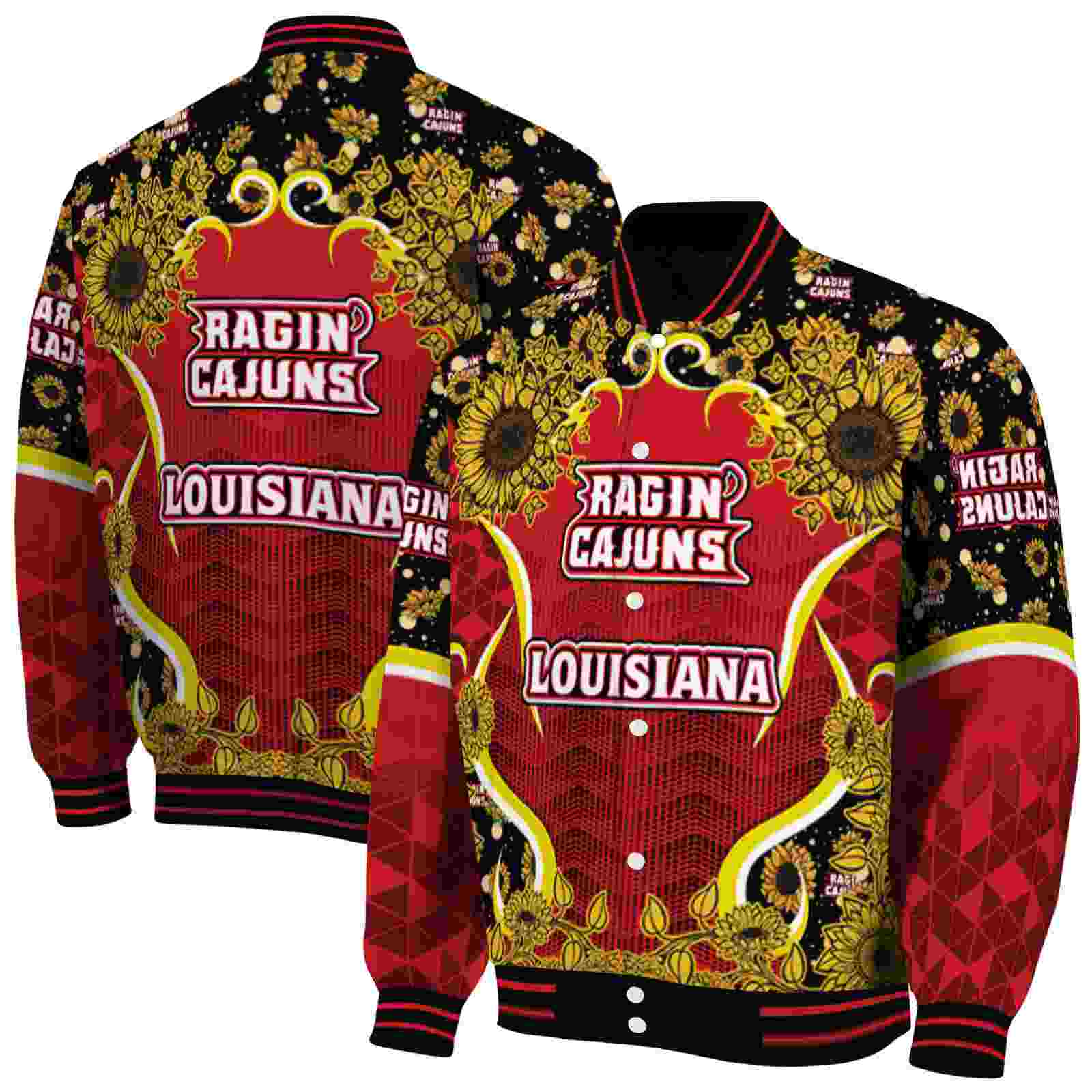 louisiana ragin cajuns sunflower bloom red yellow jacket fashion forward louisiana ragin cajuns sunflower bloom red yellow jacket fashion forward