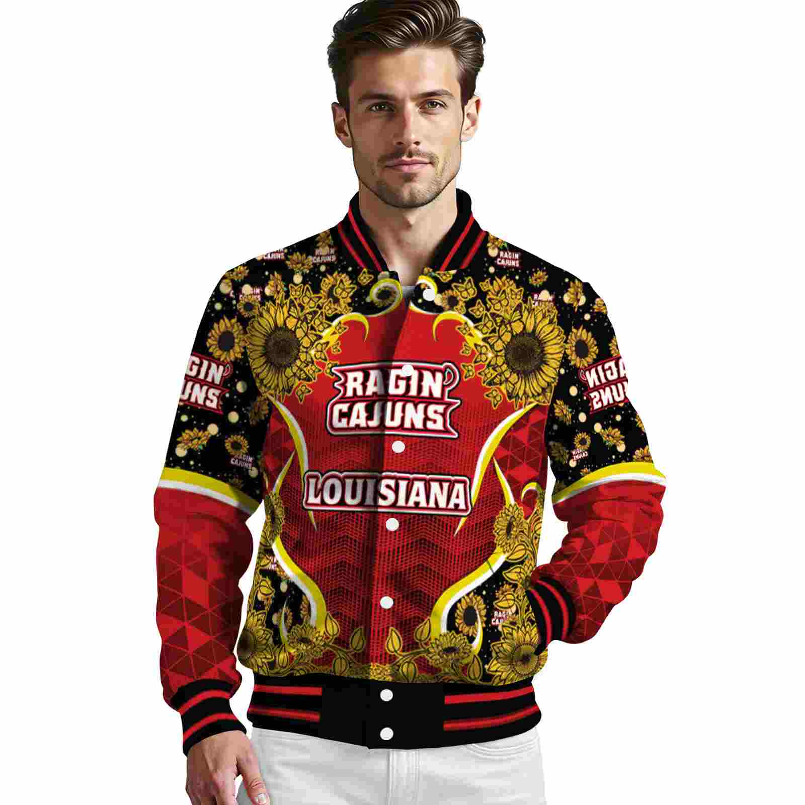 louisiana ragin cajuns sunflower bloom red yellow jacket high quality louisiana ragin cajuns sunflower bloom red yellow jacket high quality