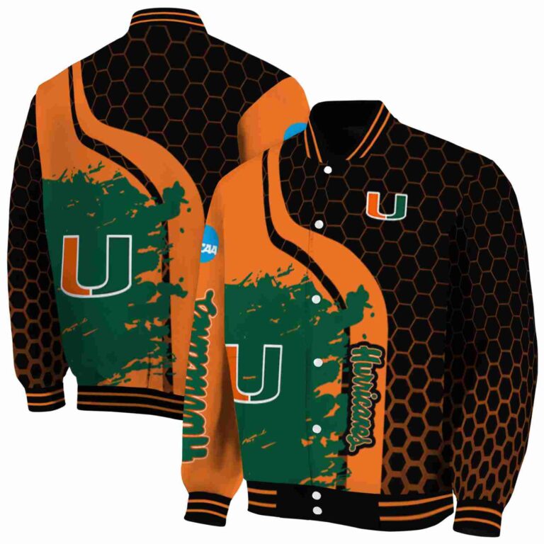 miami hurricanes hexagonal pattern orange black jacket fashion forward