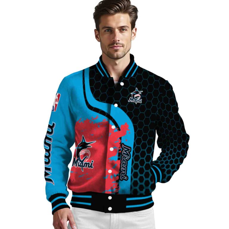 miami marlins hexagonal pattern blue black jacket high quality