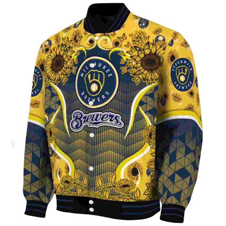 milwaukee brewers sunflower bloom navy blue yellow jacket best selling