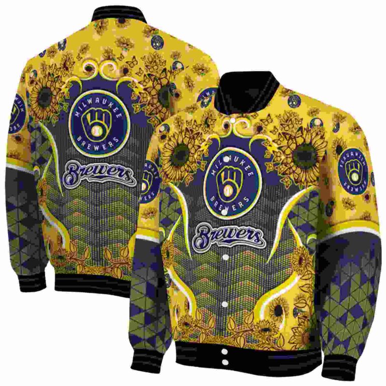 milwaukee brewers sunflower bloom navy blue yellow jacket fashion forward