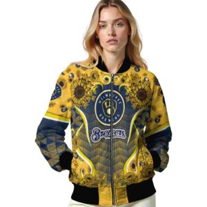 milwaukee brewers sunflower bloom navy blue yellow jacket latest model