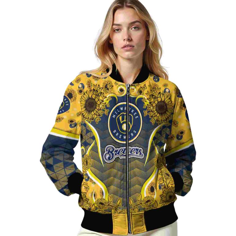 milwaukee brewers sunflower bloom navy blue yellow jacket latest model