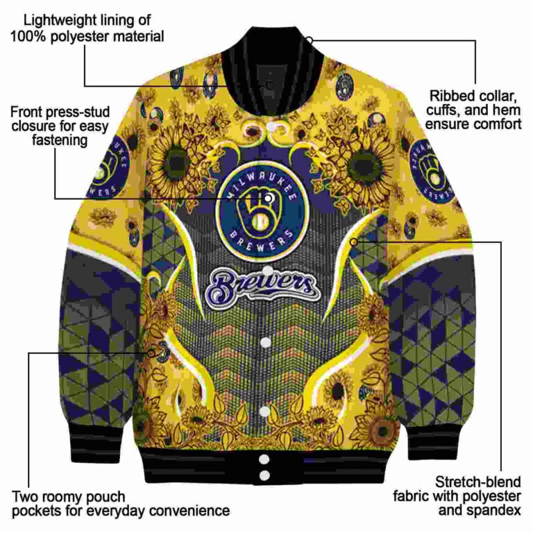 milwaukee brewers sunflower bloom navy blue yellow jacket new arrival
