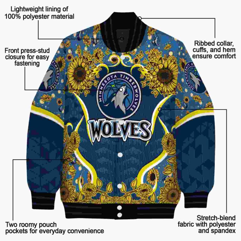 minnesota timberwolves sunflower bloom midnight blue yellow jacket new arrival