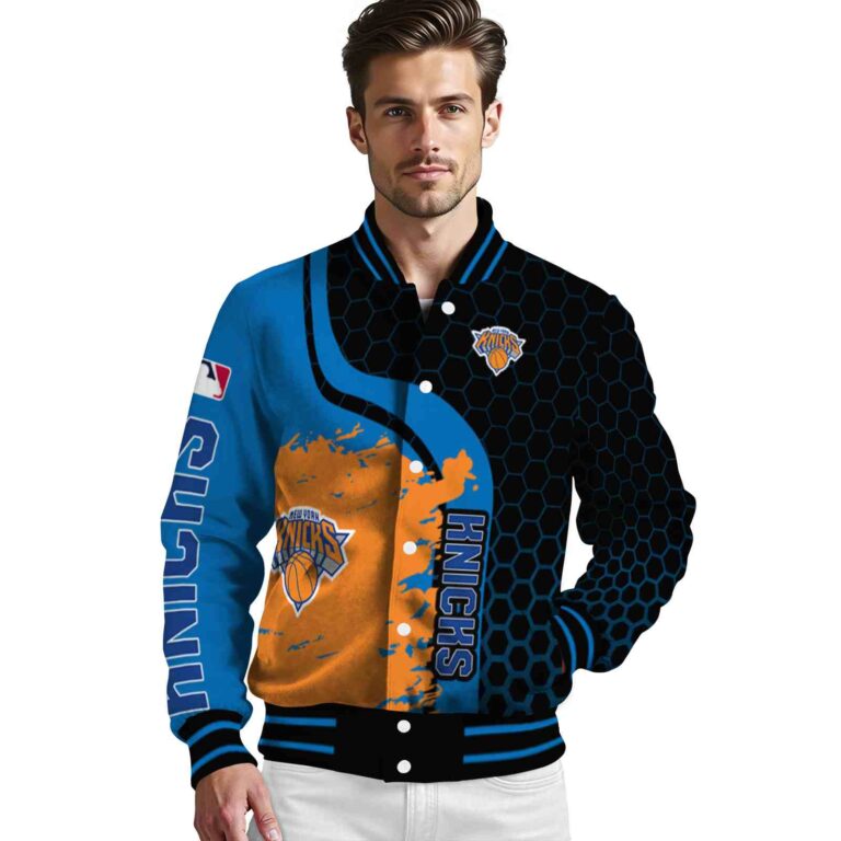 new york knicks hexagonal pattern blue black jacket high quality