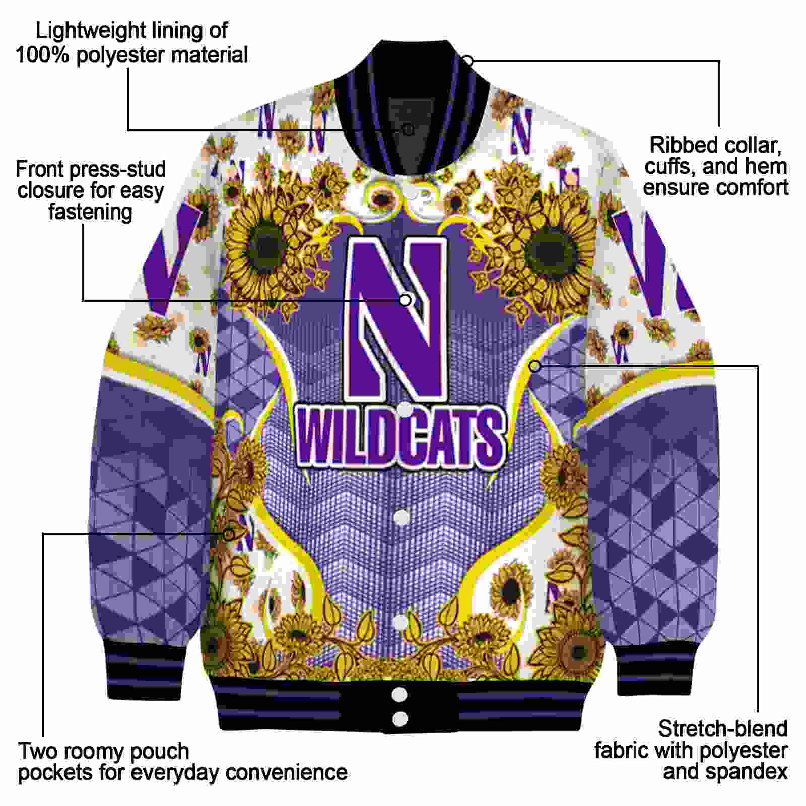 northwestern wildcats sunflower bloom purple yellow jacket new arrival northwestern wildcats sunflower bloom purple yellow jacket new arrival