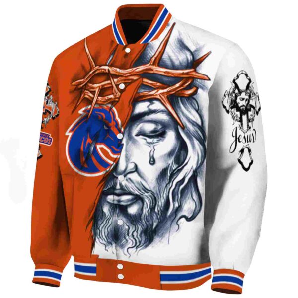 personalized boise state broncos jesus tears orange white jacket best selling