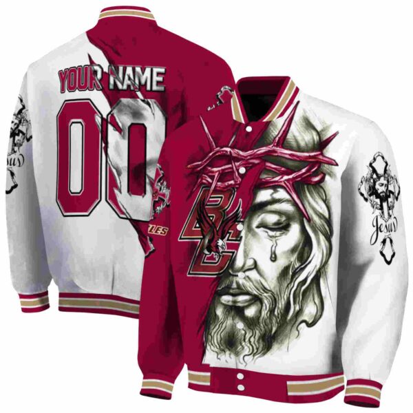 personalized boston college eagles jesus tears maroon white jacket fashion forward