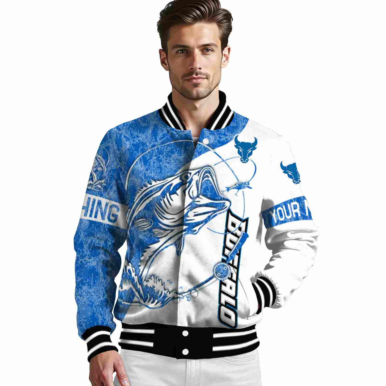 personalized buffalo bulls fishing rod white jacket high quality personalized buffalo bulls fishing rod white jacket high quality