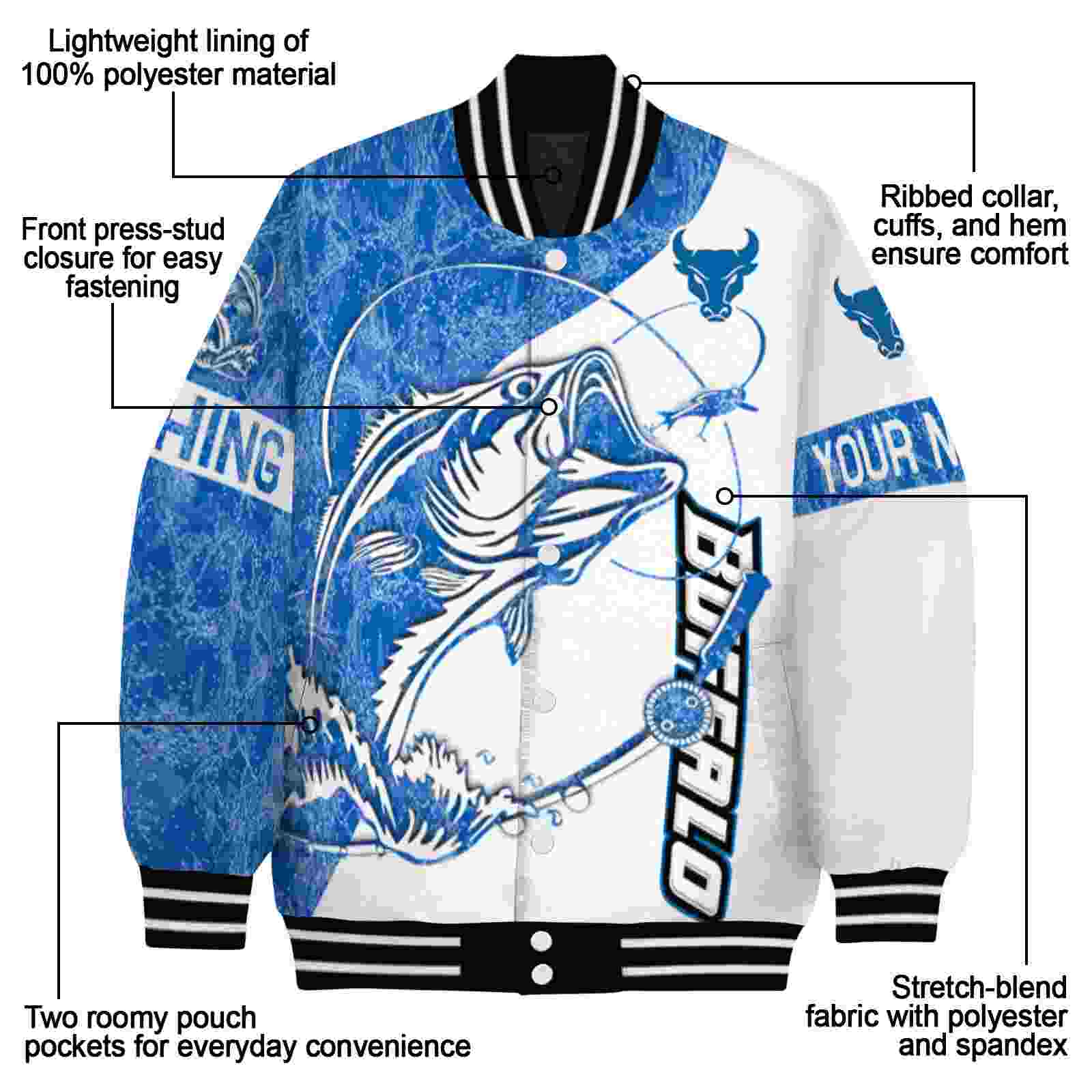 personalized buffalo bulls fishing rod white jacket new arrival personalized buffalo bulls fishing rod white jacket new arrival