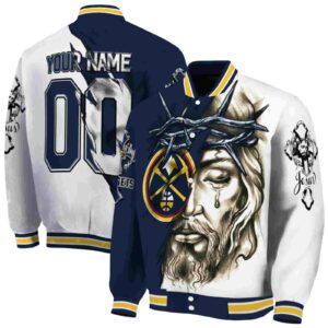 personalized denver nuggets jesus tears blue white jacket fashion forward