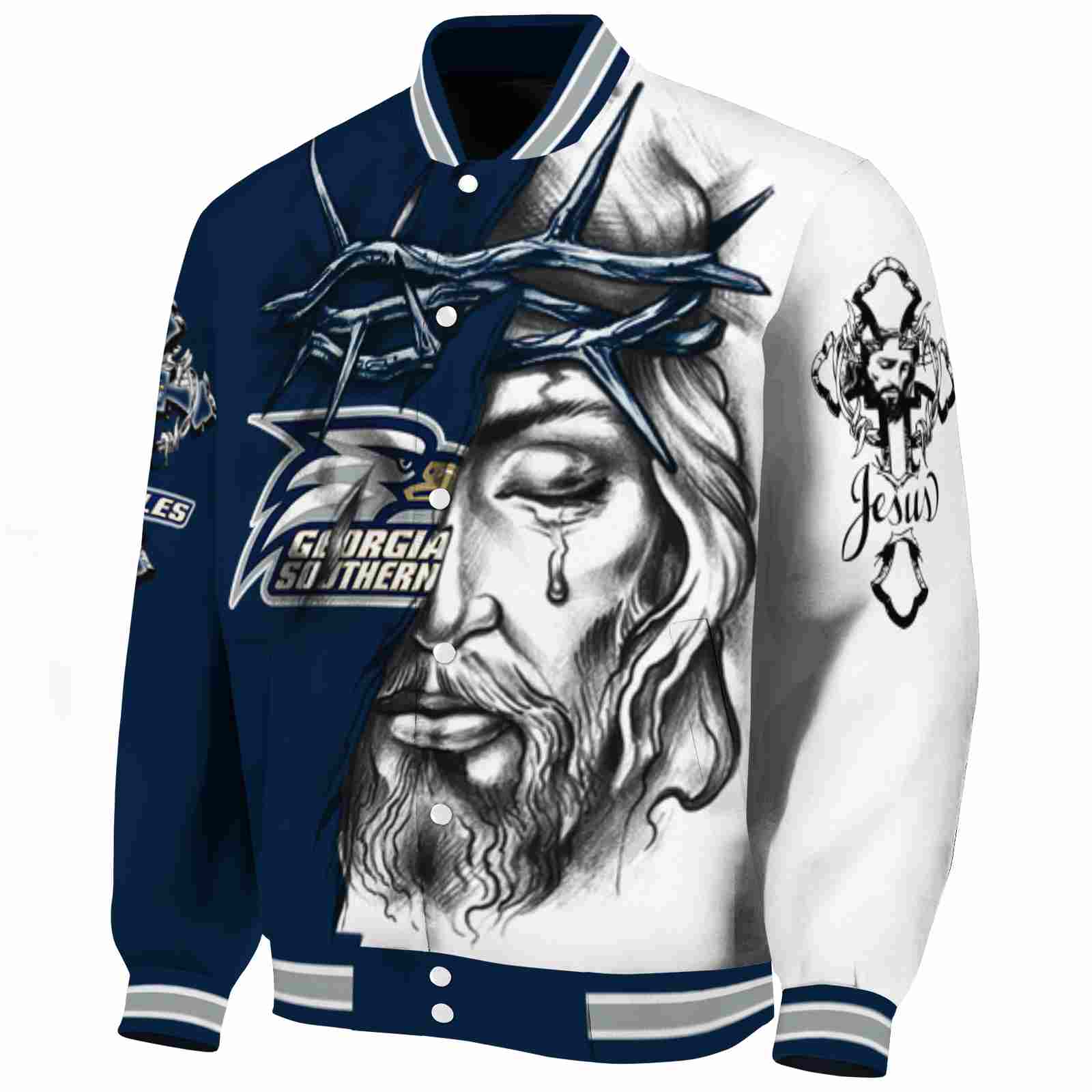 personalized georgia southern eagles jesus tears blue white jacket best selling personalized georgia southern eagles jesus tears blue white jacket best selling