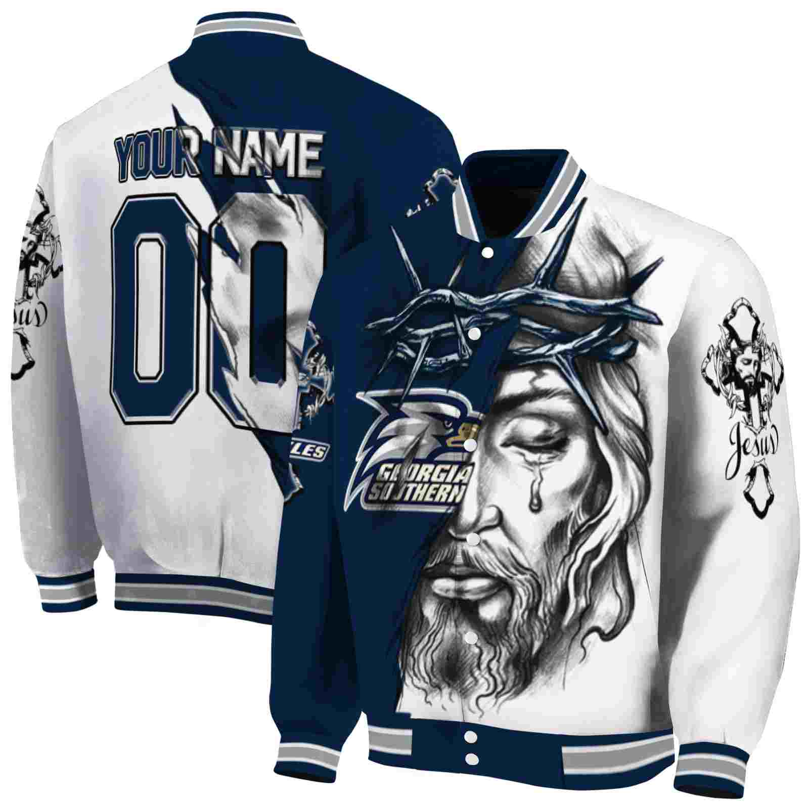 personalized georgia southern eagles jesus tears blue white jacket fashion forward personalized georgia southern eagles jesus tears blue white jacket fashion forward