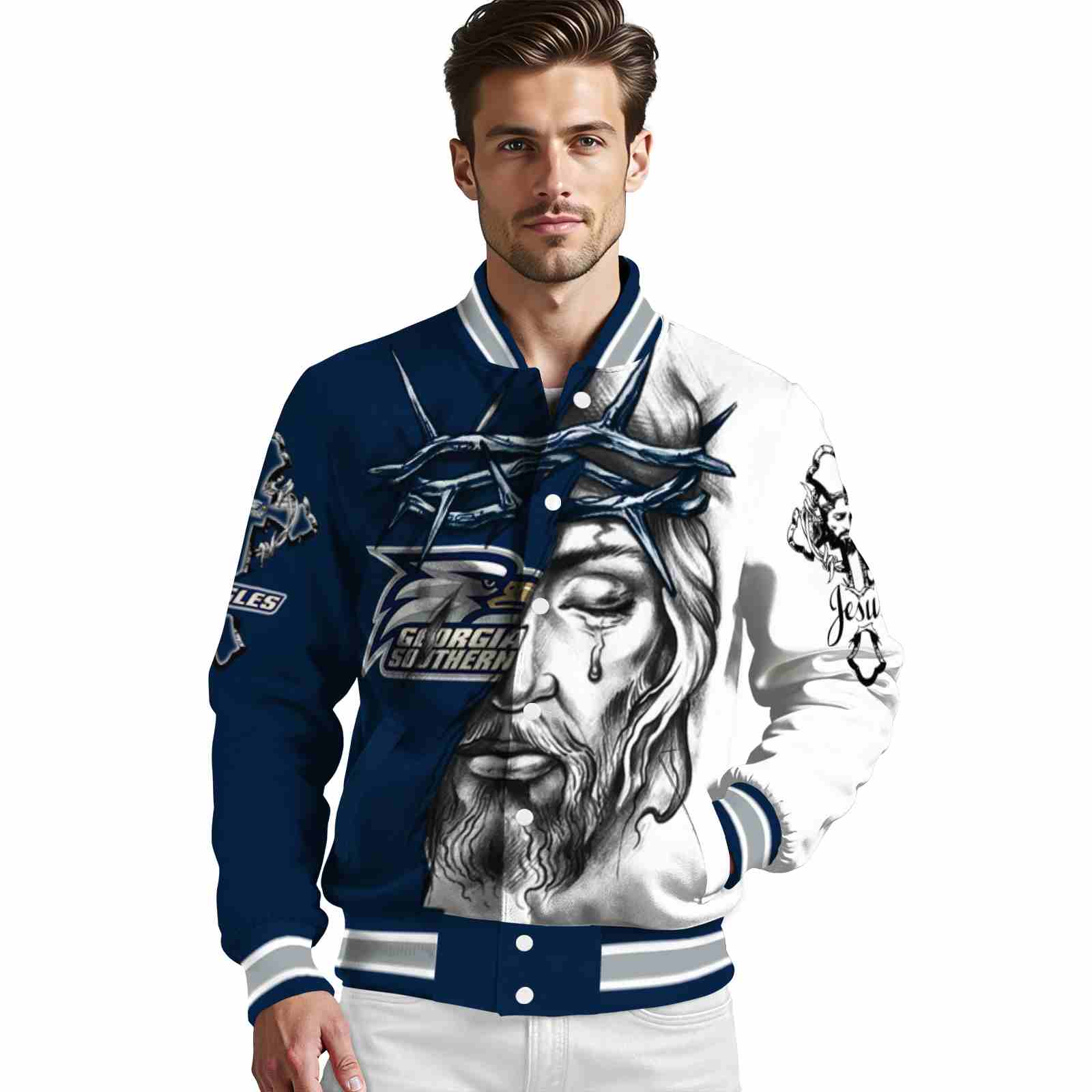 personalized georgia southern eagles jesus tears blue white jacket high quality personalized georgia southern eagles jesus tears blue white jacket high quality