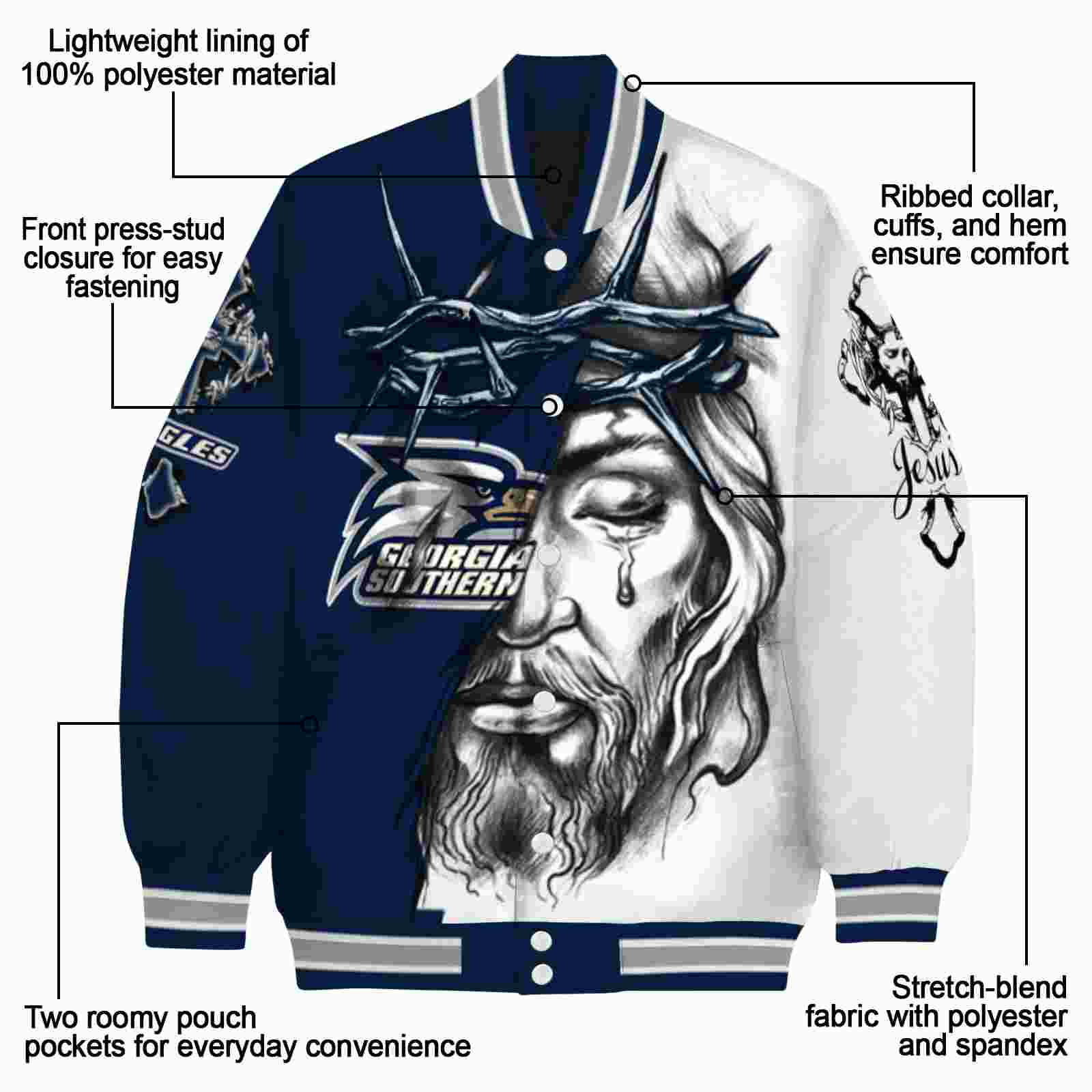 personalized georgia southern eagles jesus tears blue white jacket new arrival personalized georgia southern eagles jesus tears blue white jacket new arrival