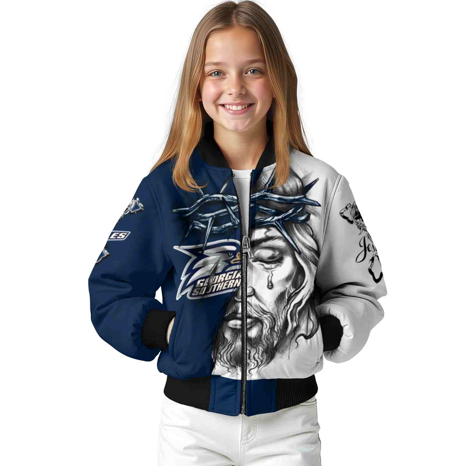 personalized georgia southern eagles jesus tears blue white jacket top rated personalized georgia southern eagles jesus tears blue white jacket top rated