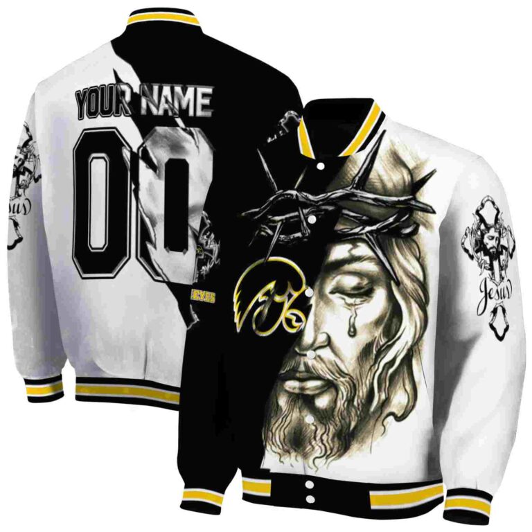 personalized iowa hawkeyes jesus tears black white jacket fashion forward