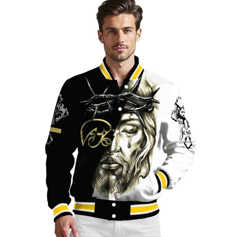 personalized iowa hawkeyes jesus tears black white jacket high quality