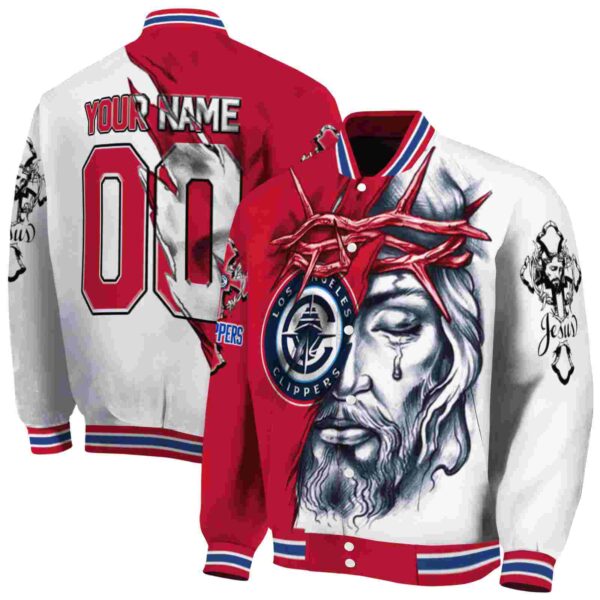 personalized los angeles clippers jesus tears red white jacket fashion forward