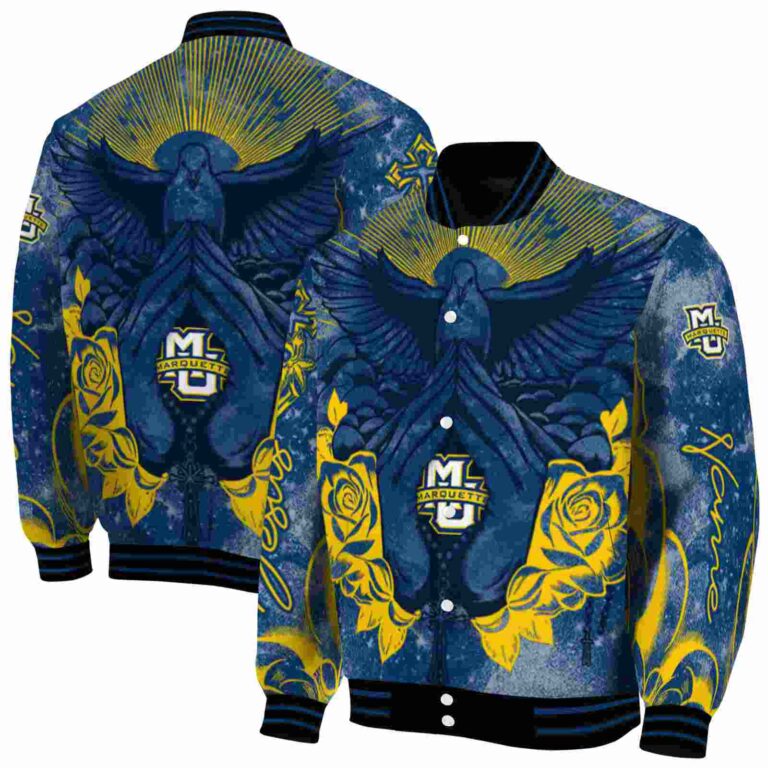 personalized marquette golden eagles praying hands blue jacket fashion forward
