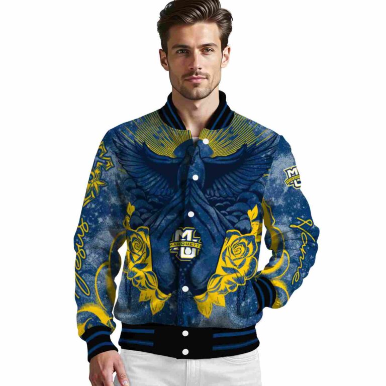 personalized marquette golden eagles praying hands blue jacket high quality