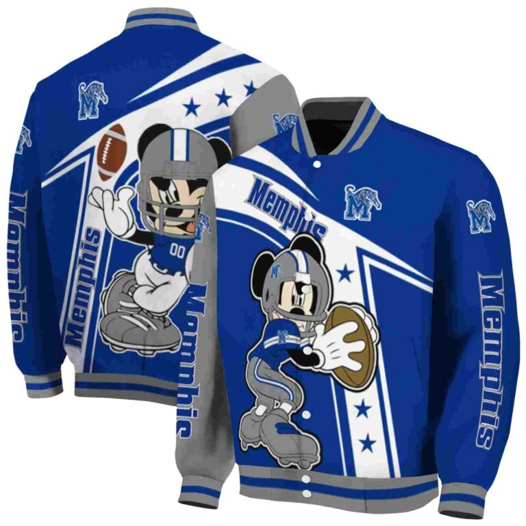 personalized memphis tigers mickey football blue white jacket fashion forward
