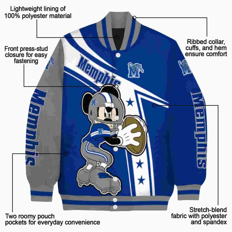 personalized memphis tigers mickey football blue white jacket new arrival