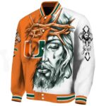 personalized miami hurricanes jesus tears orange white jacket best selling