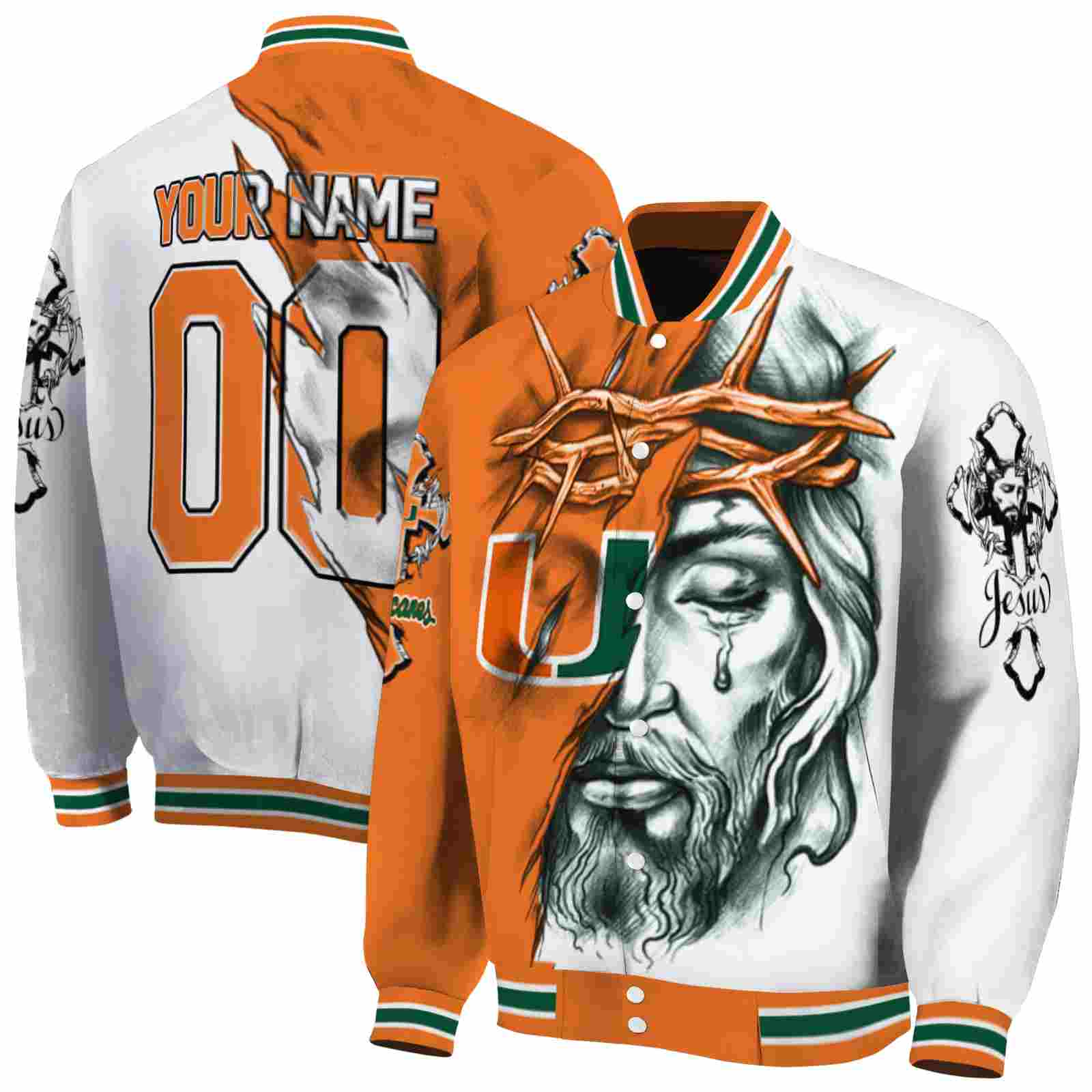 personalized miami hurricanes jesus tears orange white jacket fashion forward personalized miami hurricanes jesus tears orange white jacket fashion forward