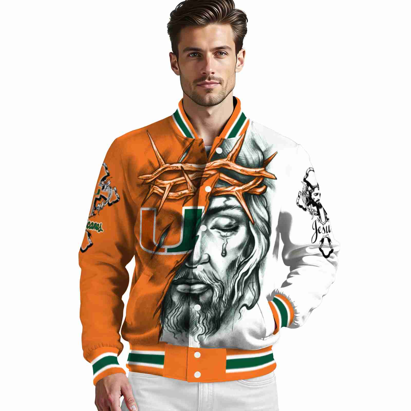 personalized miami hurricanes jesus tears orange white jacket high quality personalized miami hurricanes jesus tears orange white jacket high quality