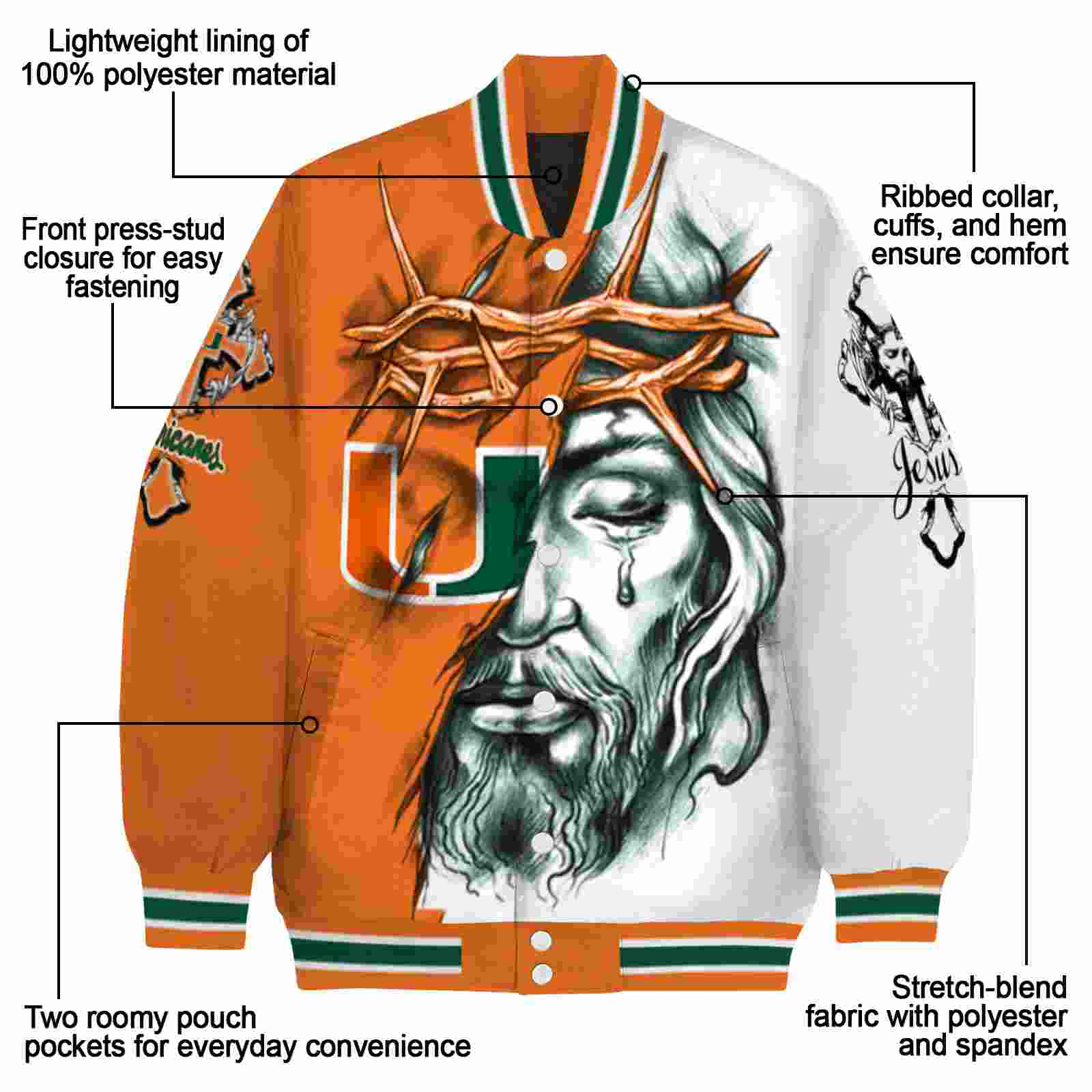 personalized miami hurricanes jesus tears orange white jacket new arrival personalized miami hurricanes jesus tears orange white jacket new arrival