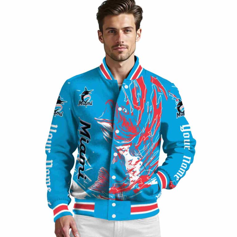 personalized miami marlins fishing passion blue white jacket high quality