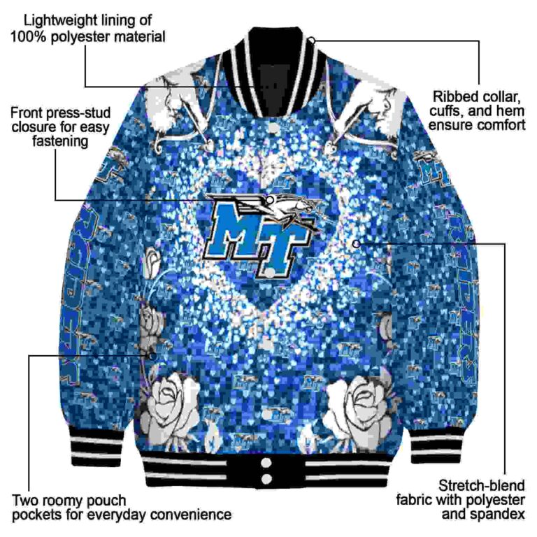 personalized middle tennessee blue raiders heart explosion blue jacket new arrival