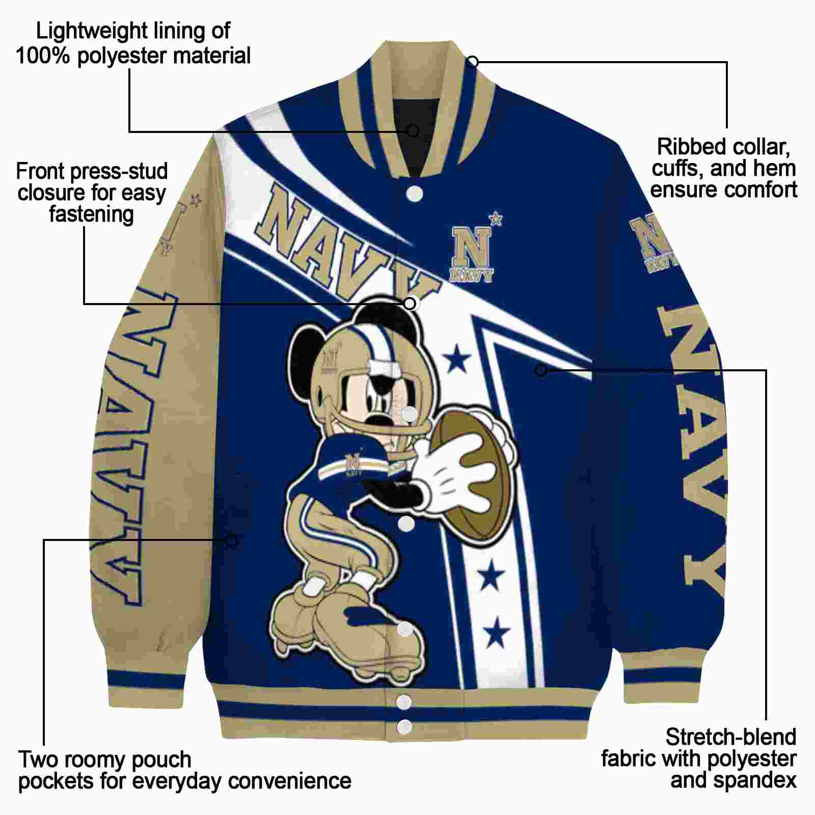 personalized navy midshipmen mickey football blue white jacket new arrival personalized navy midshipmen mickey football blue white jacket new arrival