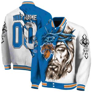 personalized new york knicks jesus tears blue white jacket fashion forward